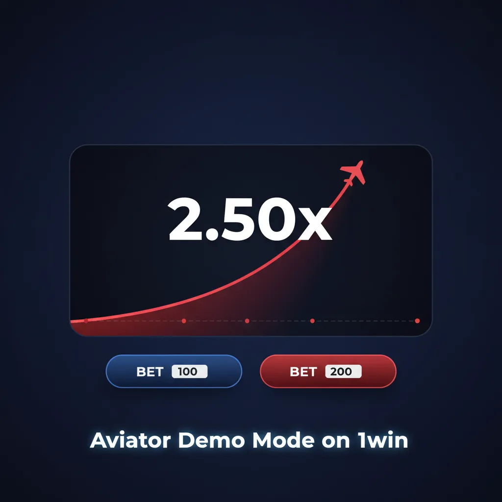 Aviator demo mode on 1win showing virtual balance, double bet, auto cash-out options, and rising multiplier graph.