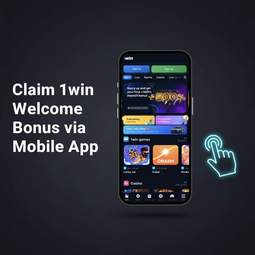 Smartphone showing 1win app steps: install, sign in, enable welcome bonus, deposit ₹300+, track bonus progress.