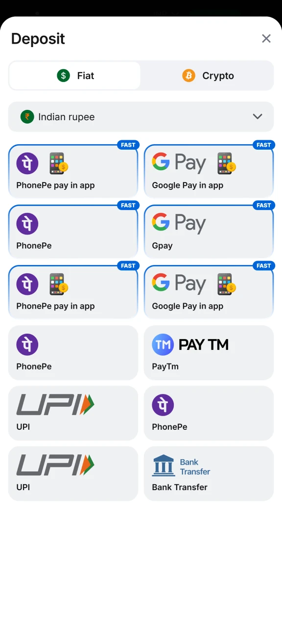 Available deposit options shown on 1win platform.