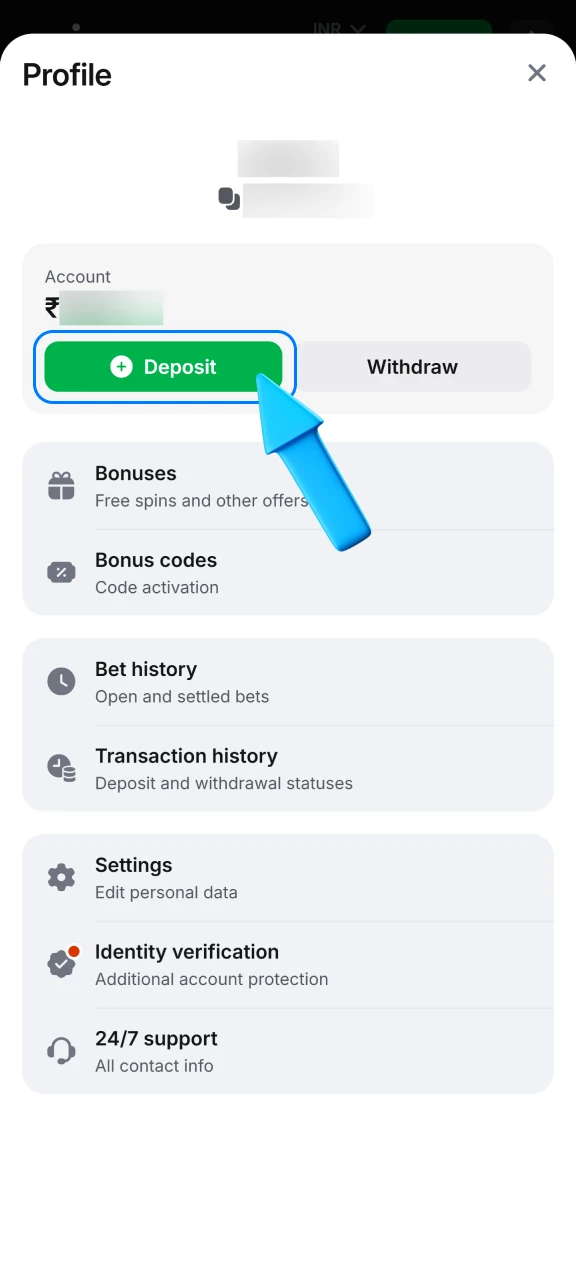 Open the deposit section in 1win account.