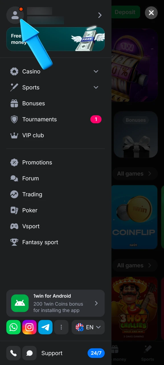 Open the profile section in your 1win account.