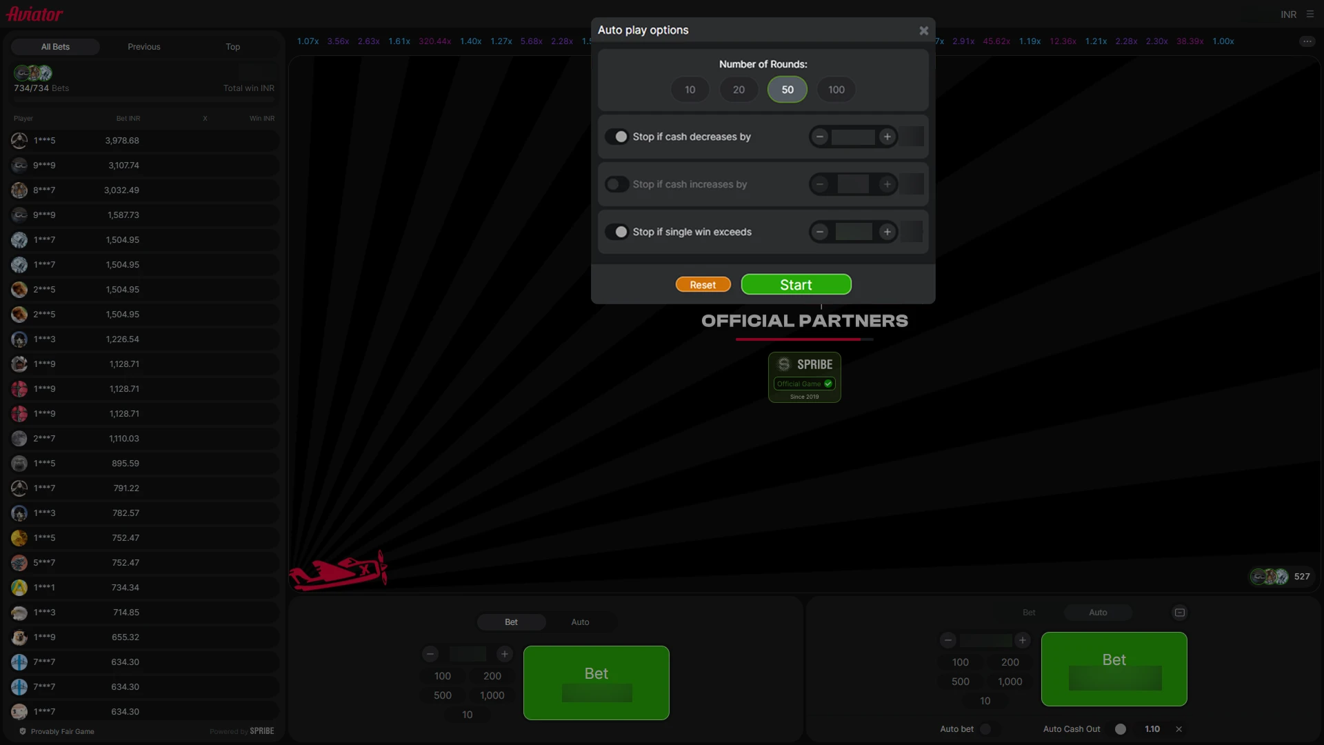 Auto play options in 1win aviator game in India.