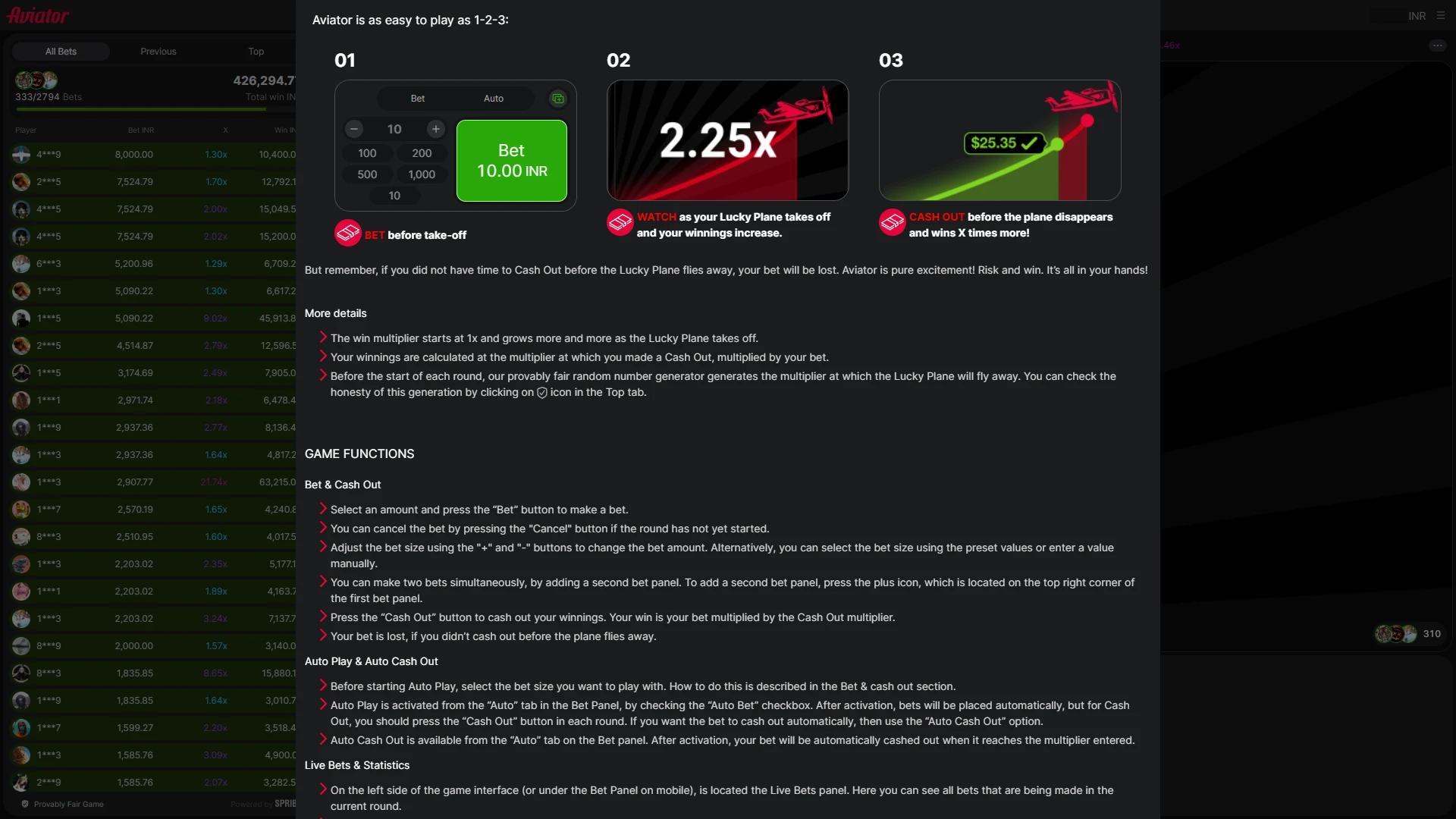 Game rules for 1win Aviator online casino in India.