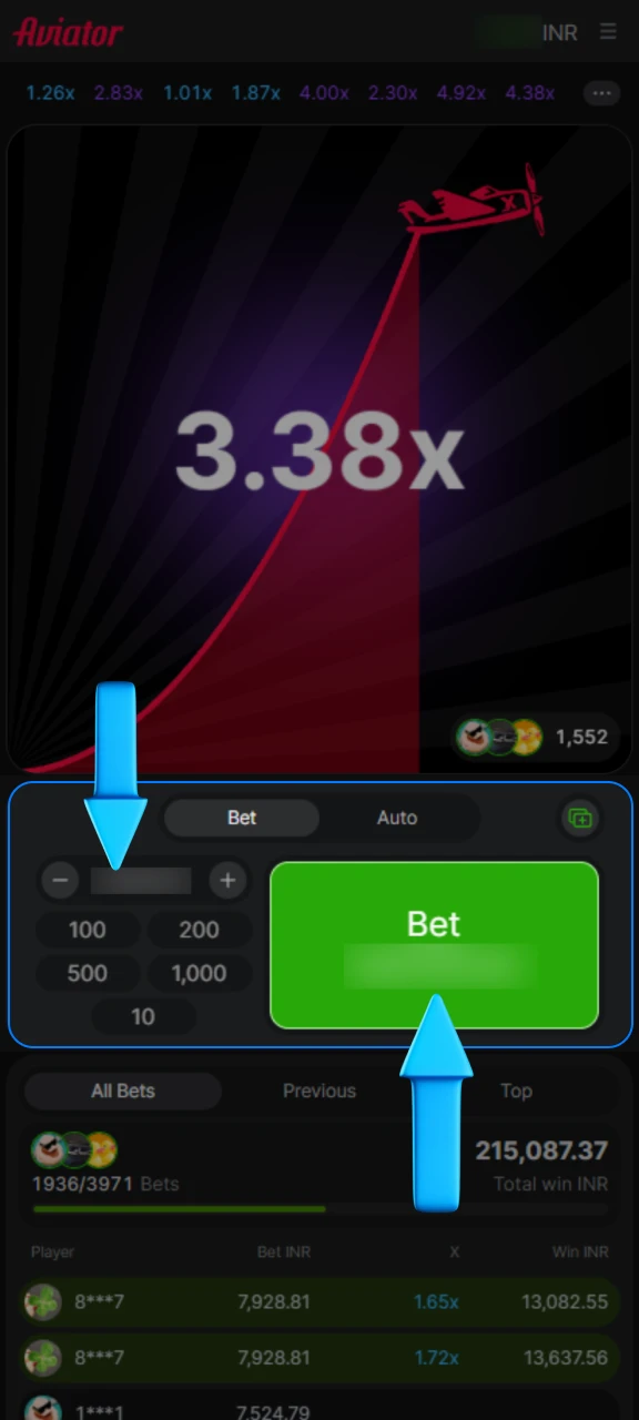 Set your stake and start the round in 1win aviator game.