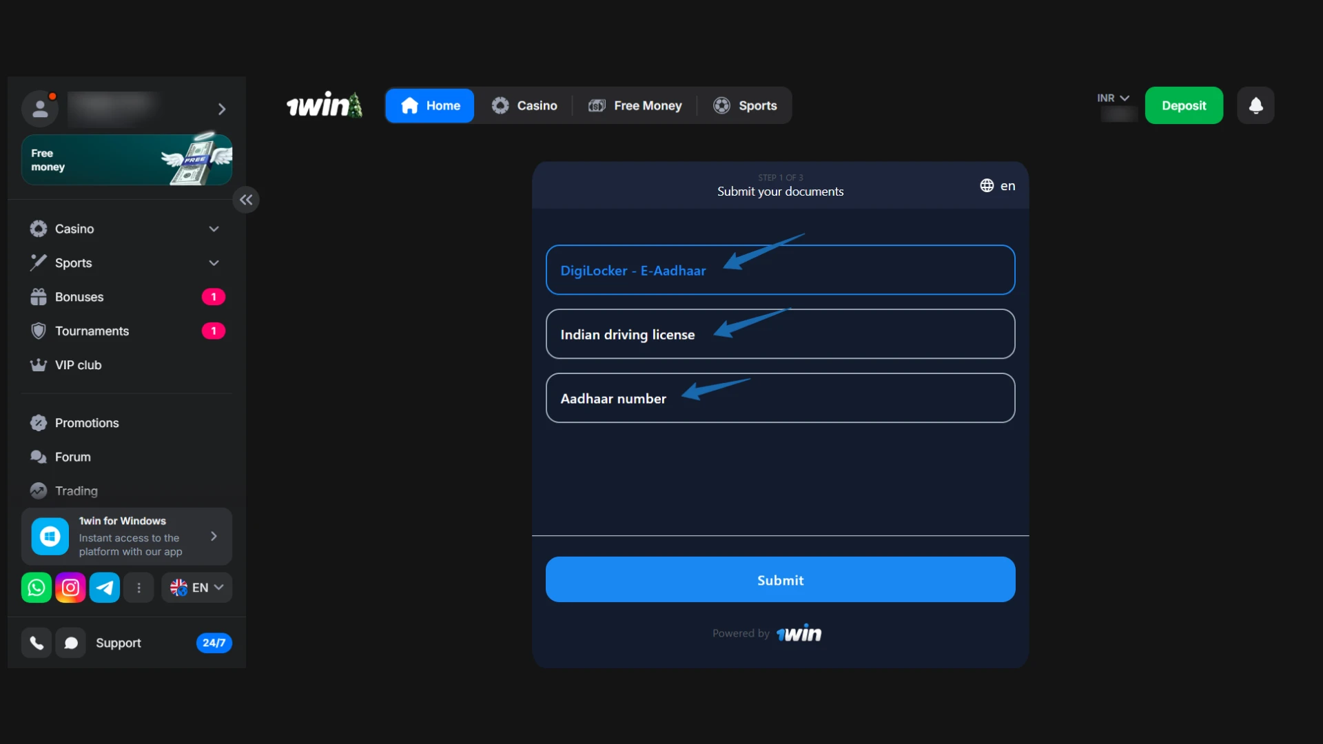 Accepted Indian IDs for 1win: Aadhaar card, PAN card, or Passport for identity proof.