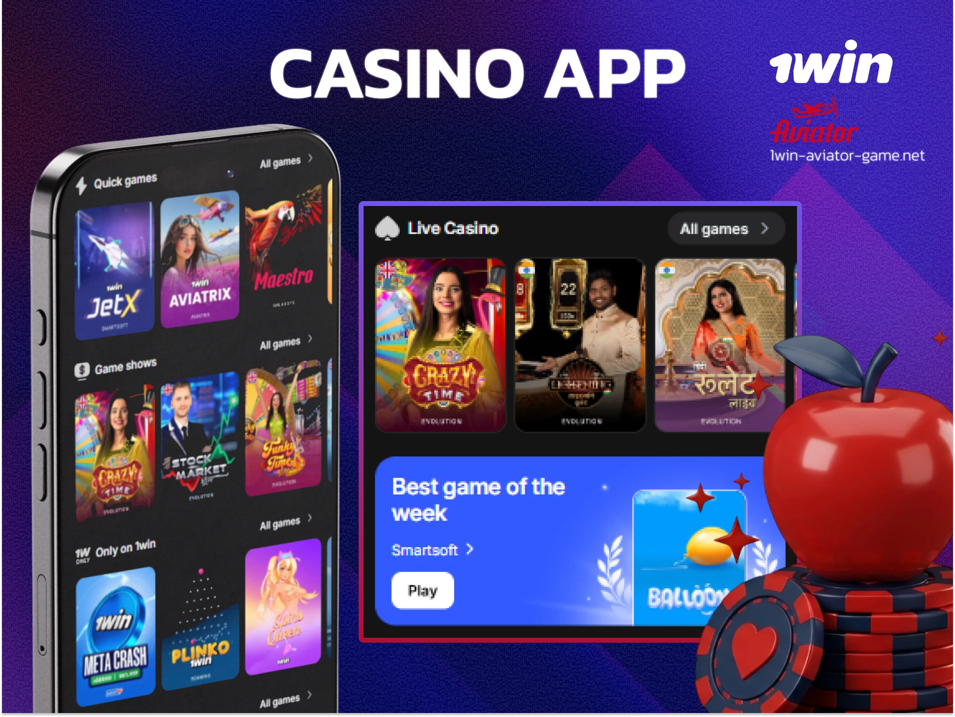 1win casino section with thousands of slots, live dealers, and crash games.