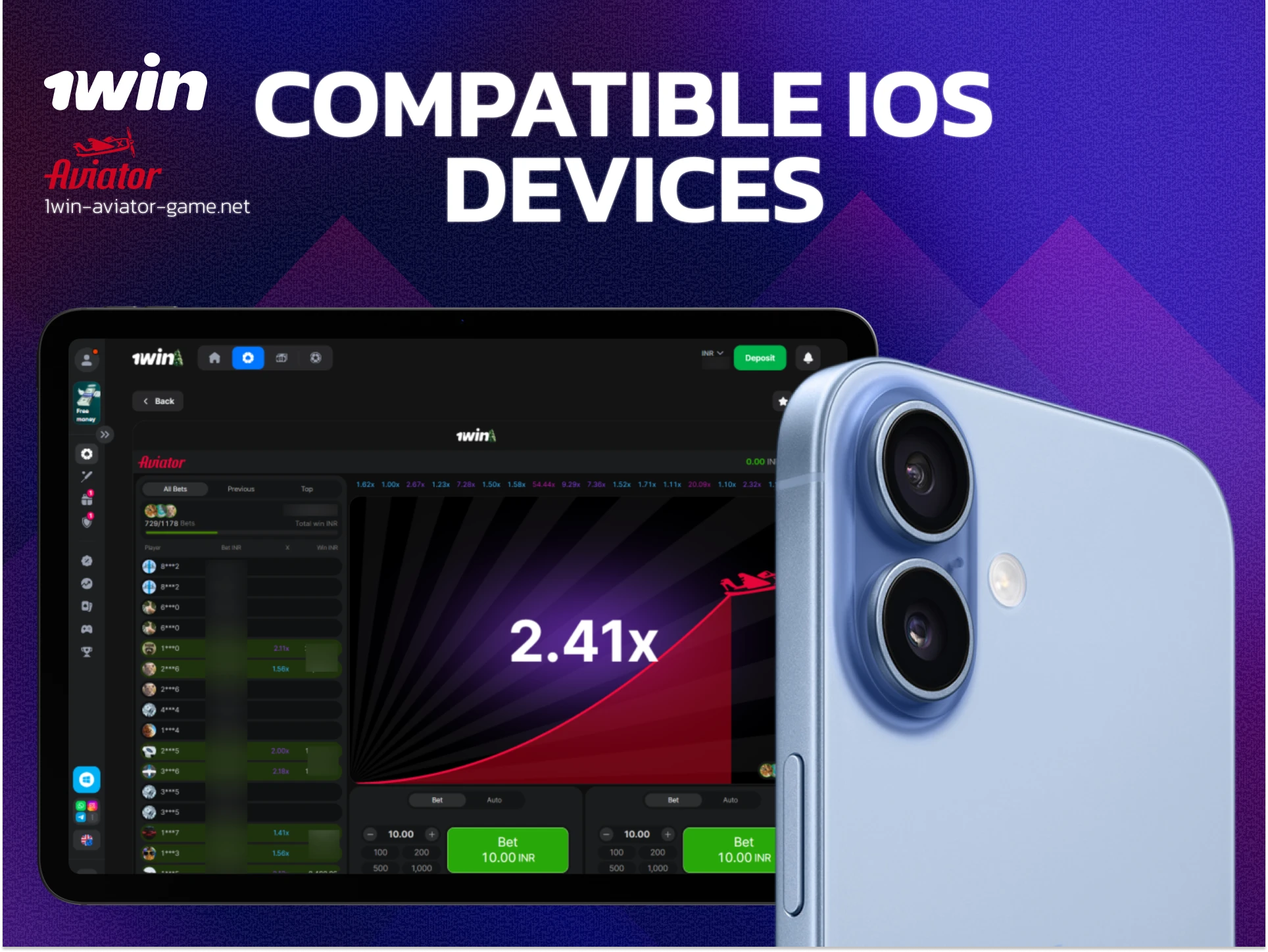 Compatible Apple devices for 1win including iPhone 13, 14, 15, and latest iPad models.