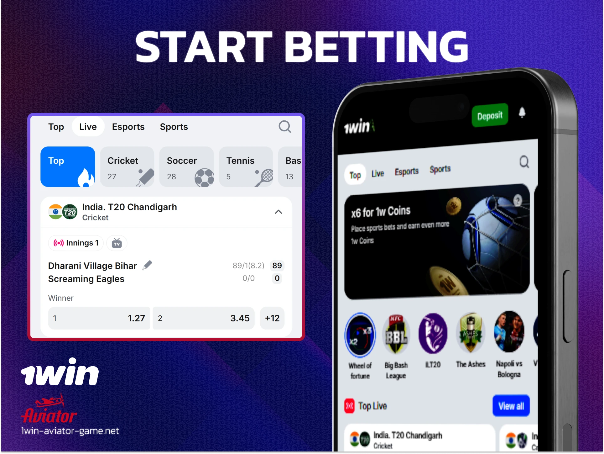 Graphic guide for placing a bet in Aviator game via 1win mobile application.