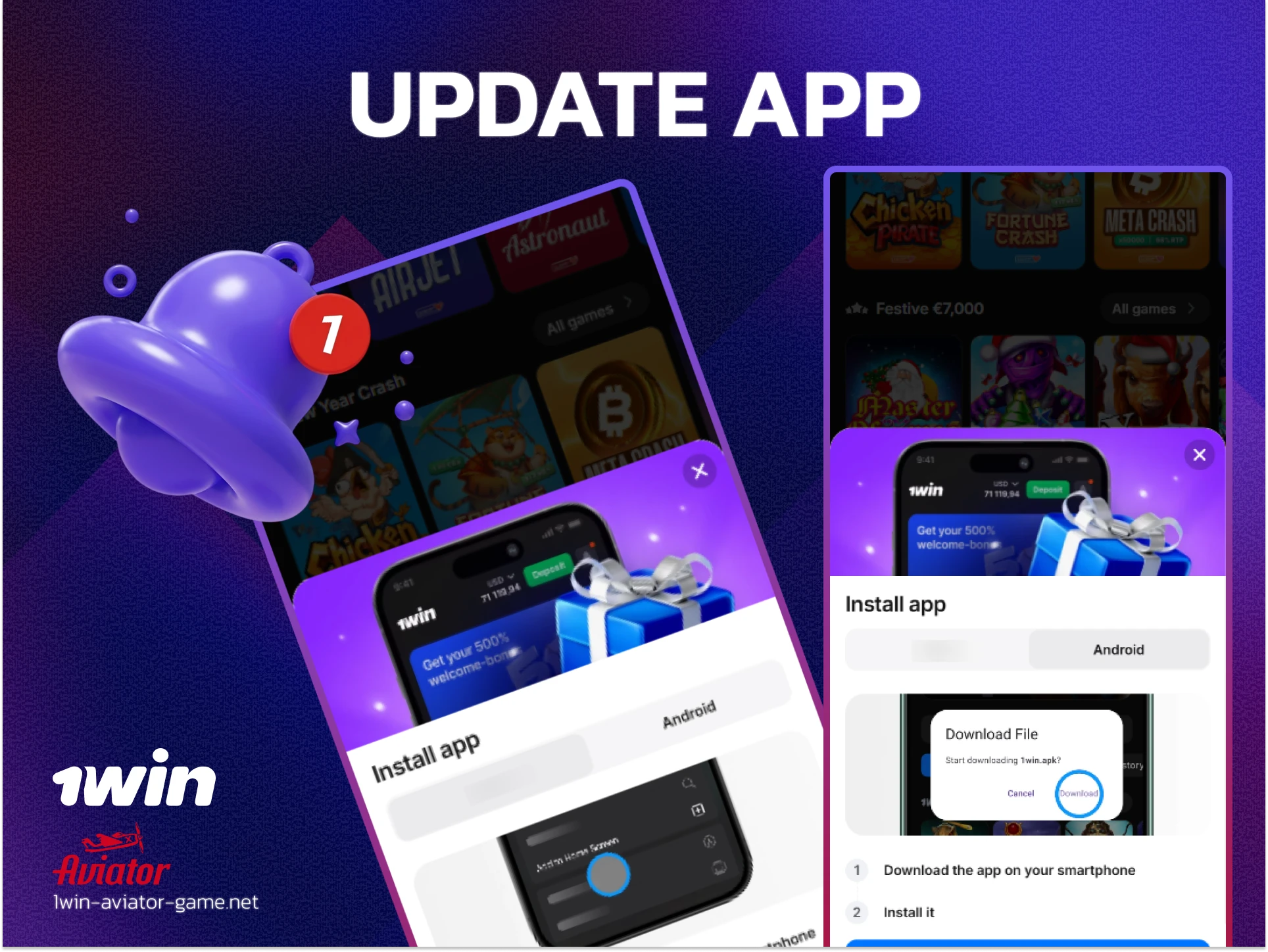 Notification prompt in 1win app to download the latest version for Android.