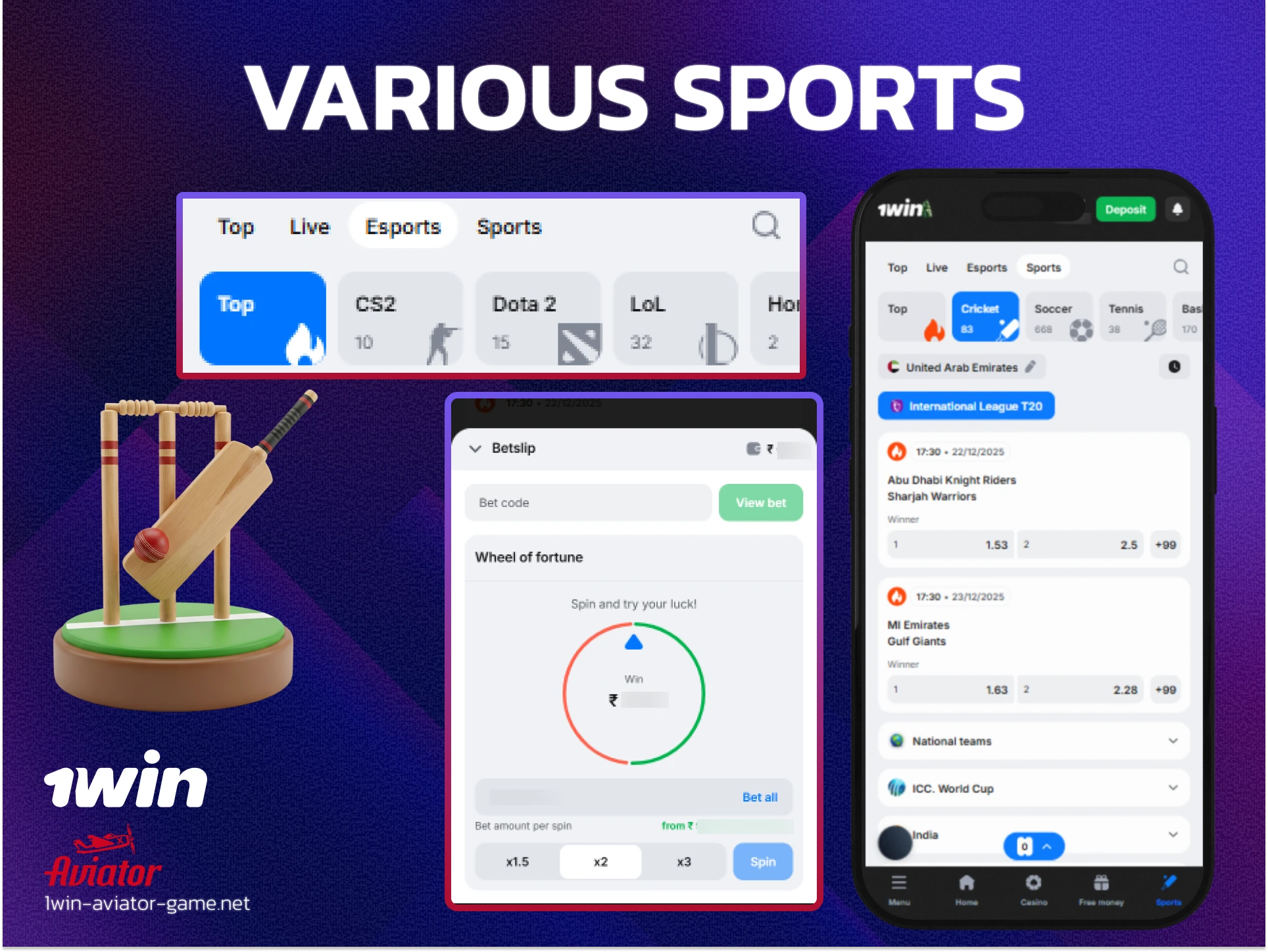 1win betting app sportsbook featuring cricket, kabaddi, and football markets.