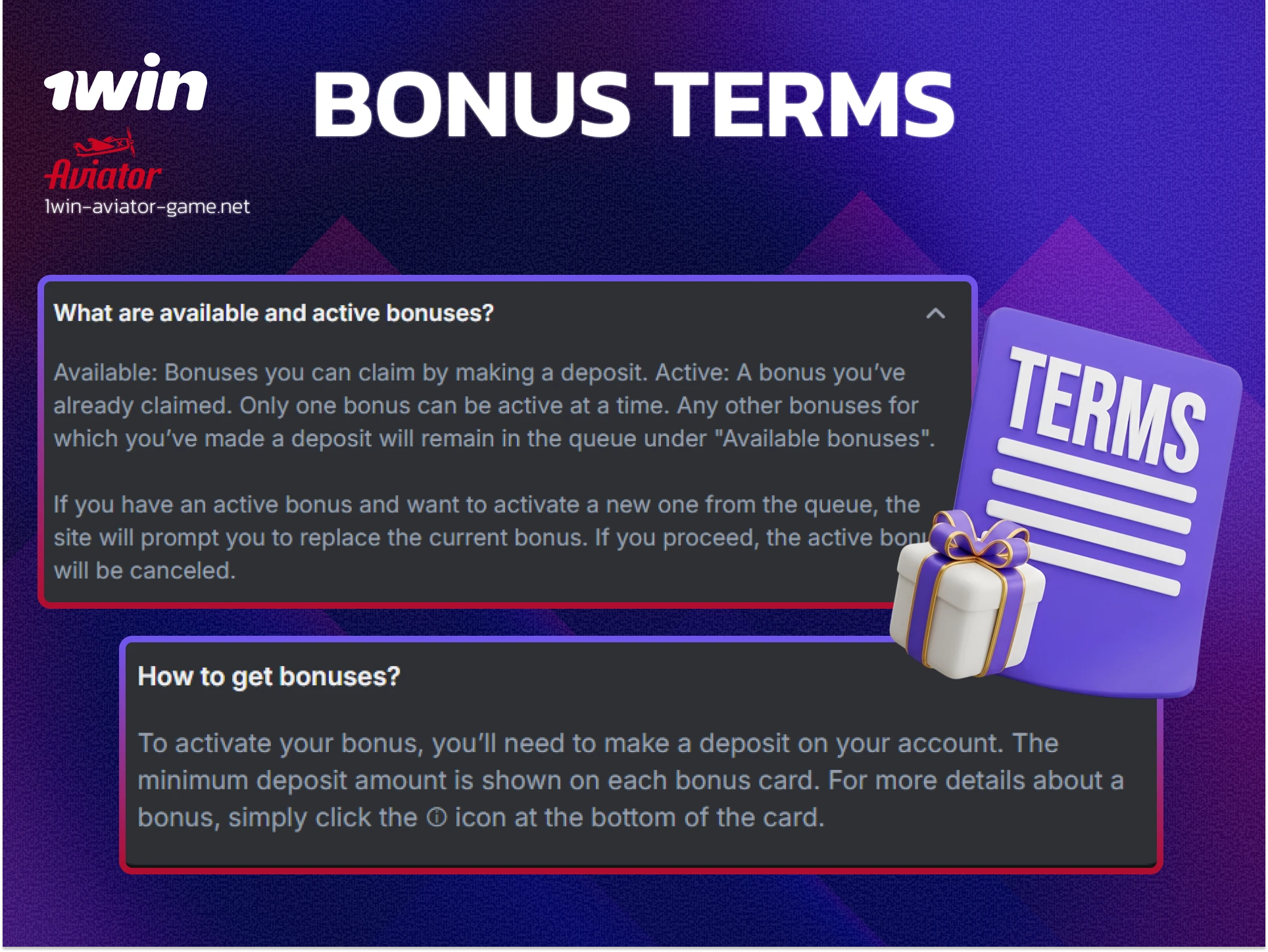 Infographic of 1win bonus rules: minimum odds of 3.00 for sports and 5% win transfer.