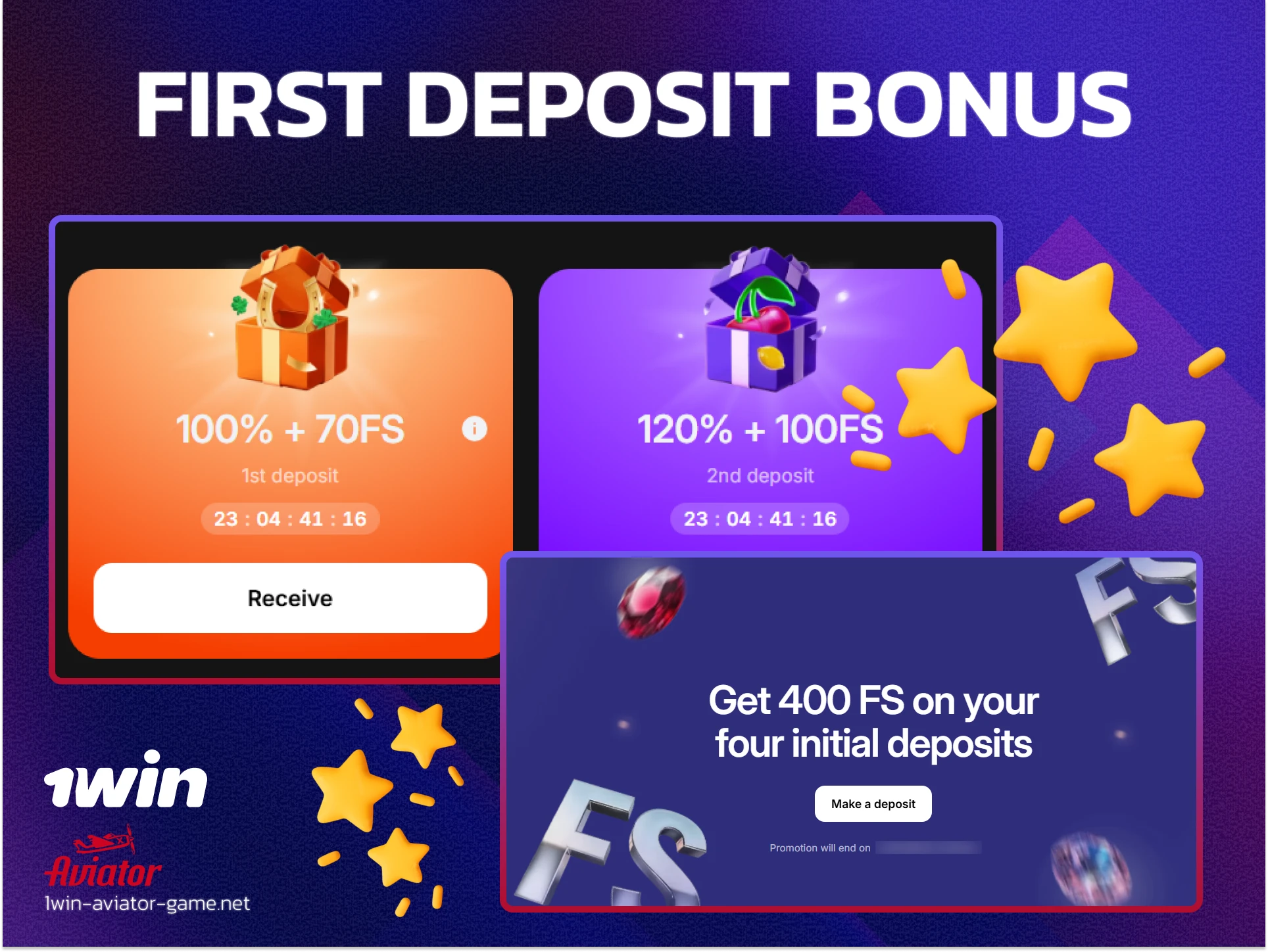 Claiming 400 free spins on popular slots over the first four deposits at 1win Casino.