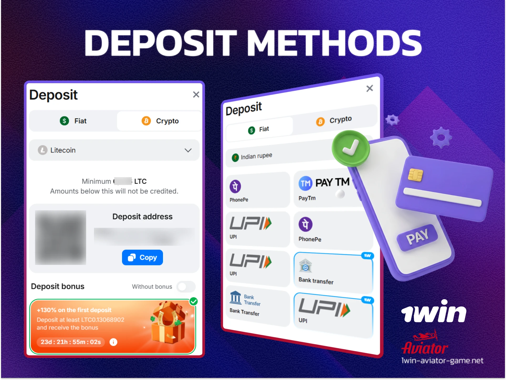 Top 1win deposit options for India: UPI, PhonePe, Paytm, and IMPS bank transfer.