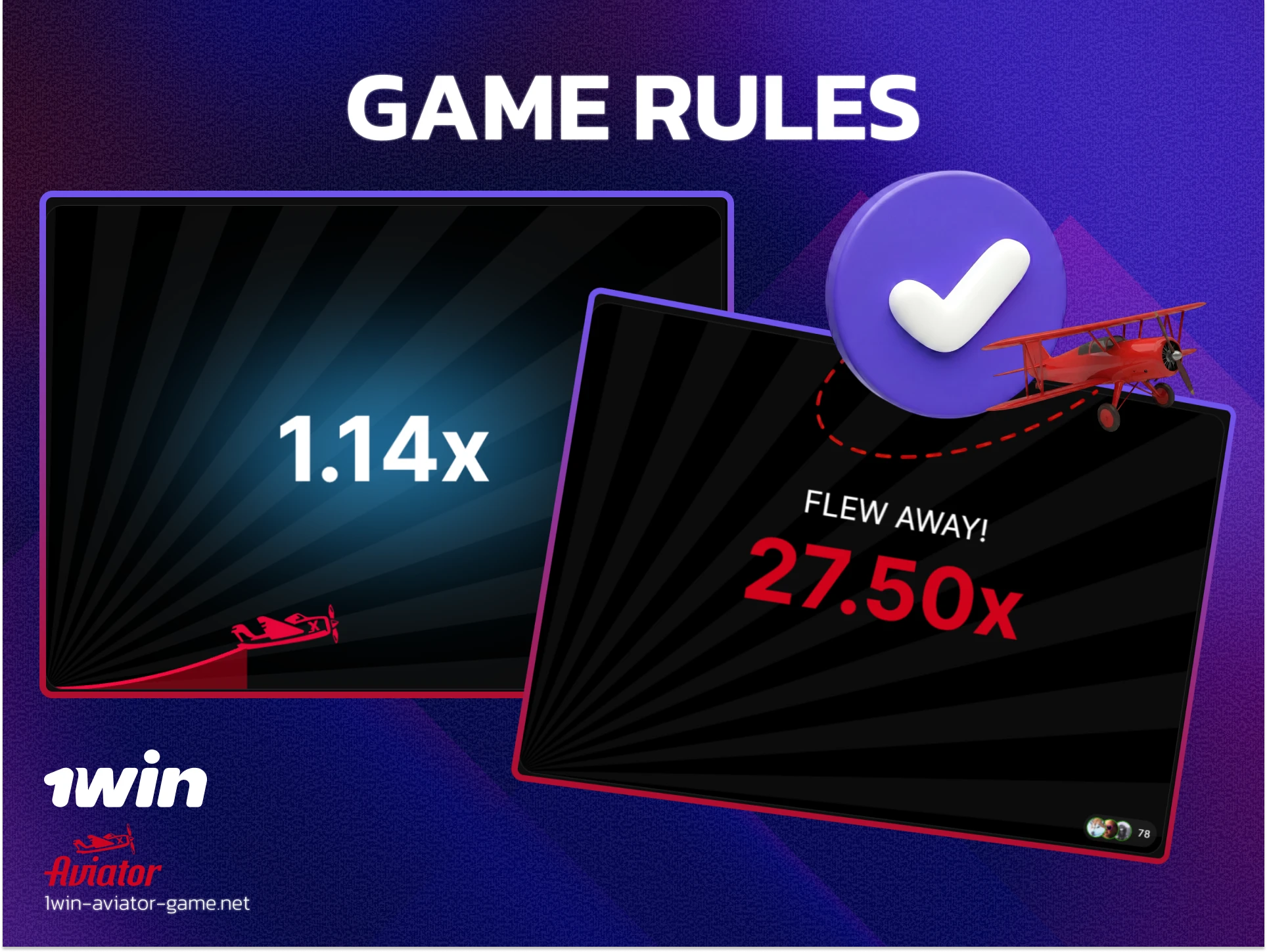 Infographic of 1win Aviator rules explaining multipliers and Provably Fair technology.