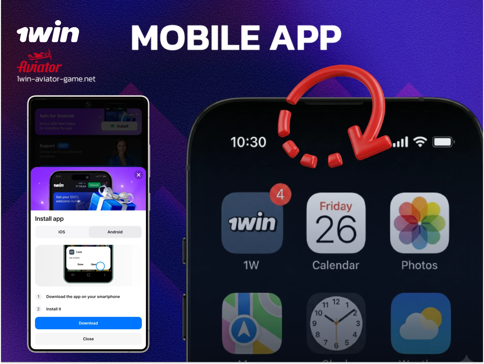 1win mobile app interface showing Aviator game optimized for Android and iOS.