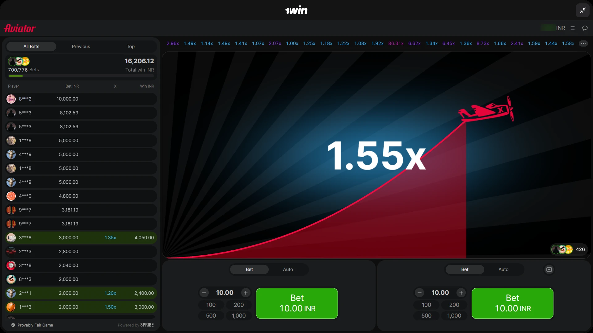 1win Aviator gameplay showing the increasing multiplier as the plane rises.