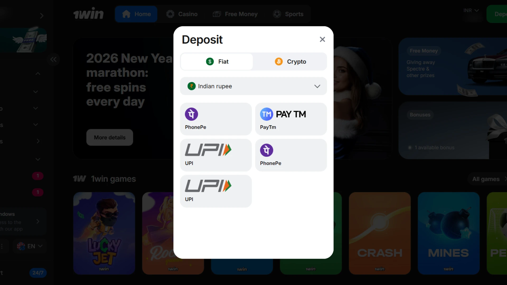 Deposit money on 1win using UPI and local Indian payment methods.
