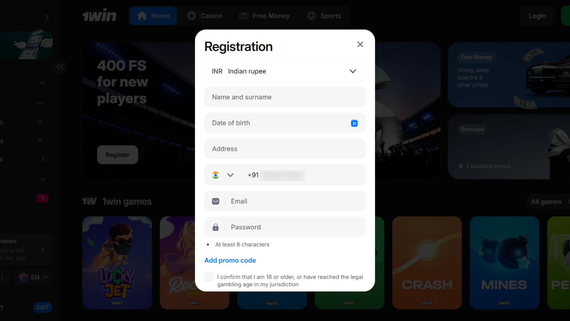 1win registration form for Indian players to sign up and play Aviator.
