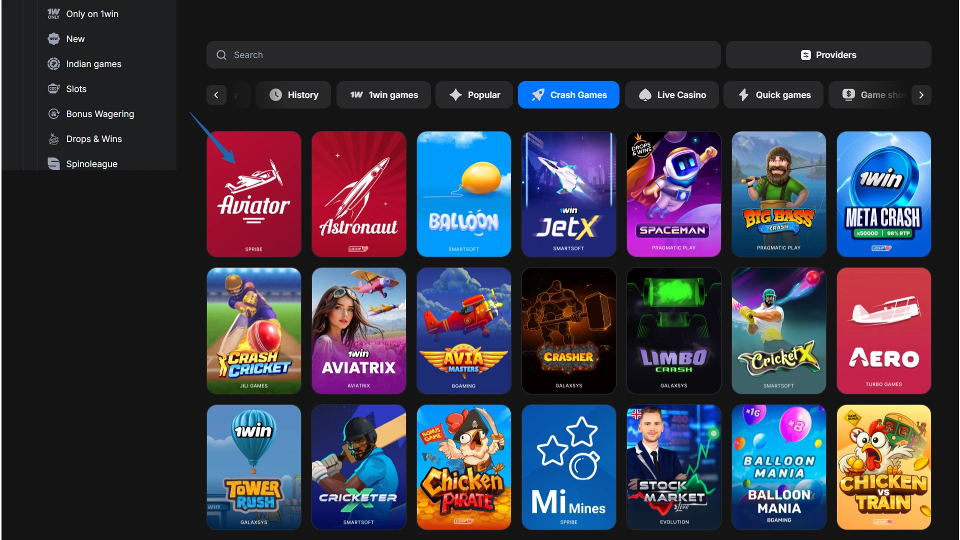 Finding the Aviator crash game in the 1win website navigation menu.