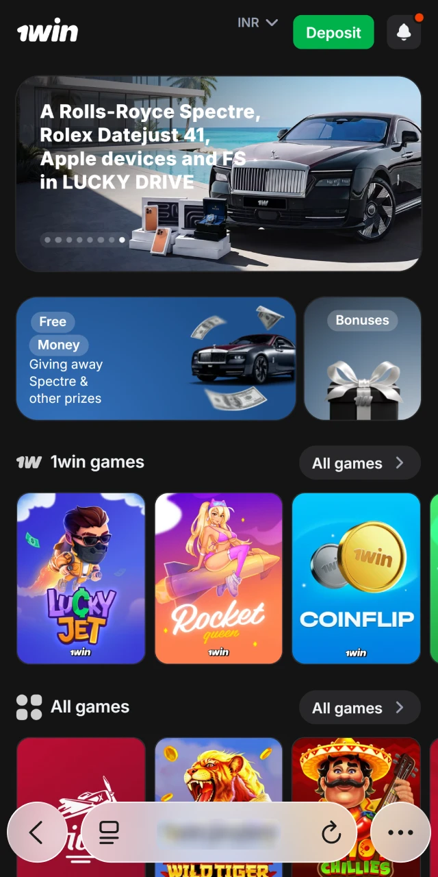Opening the 1win official mobile site in Safari browser on iOS device.