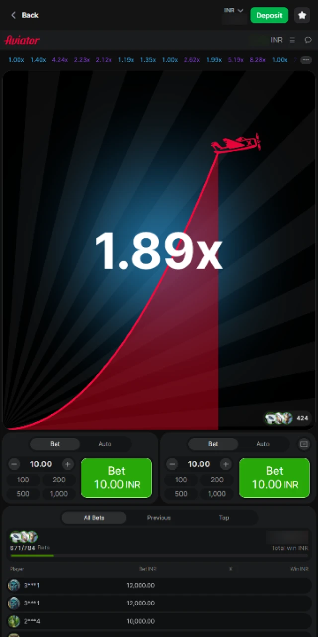Real-time Aviator gameplay on 1win app showing increasing odds multiplier.