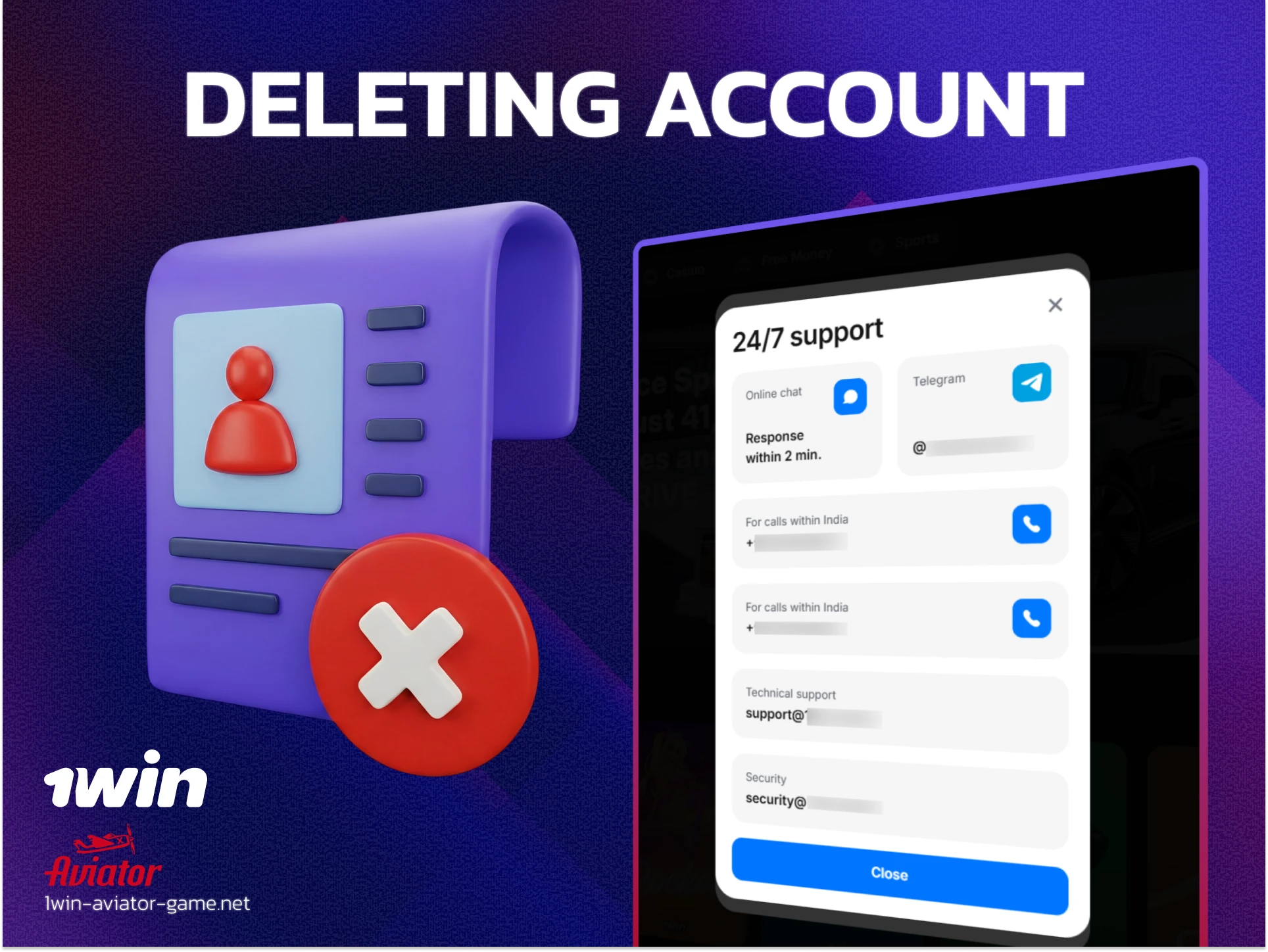 How to request 1win account deletion or self-exclusion via official 24/7 support chat.