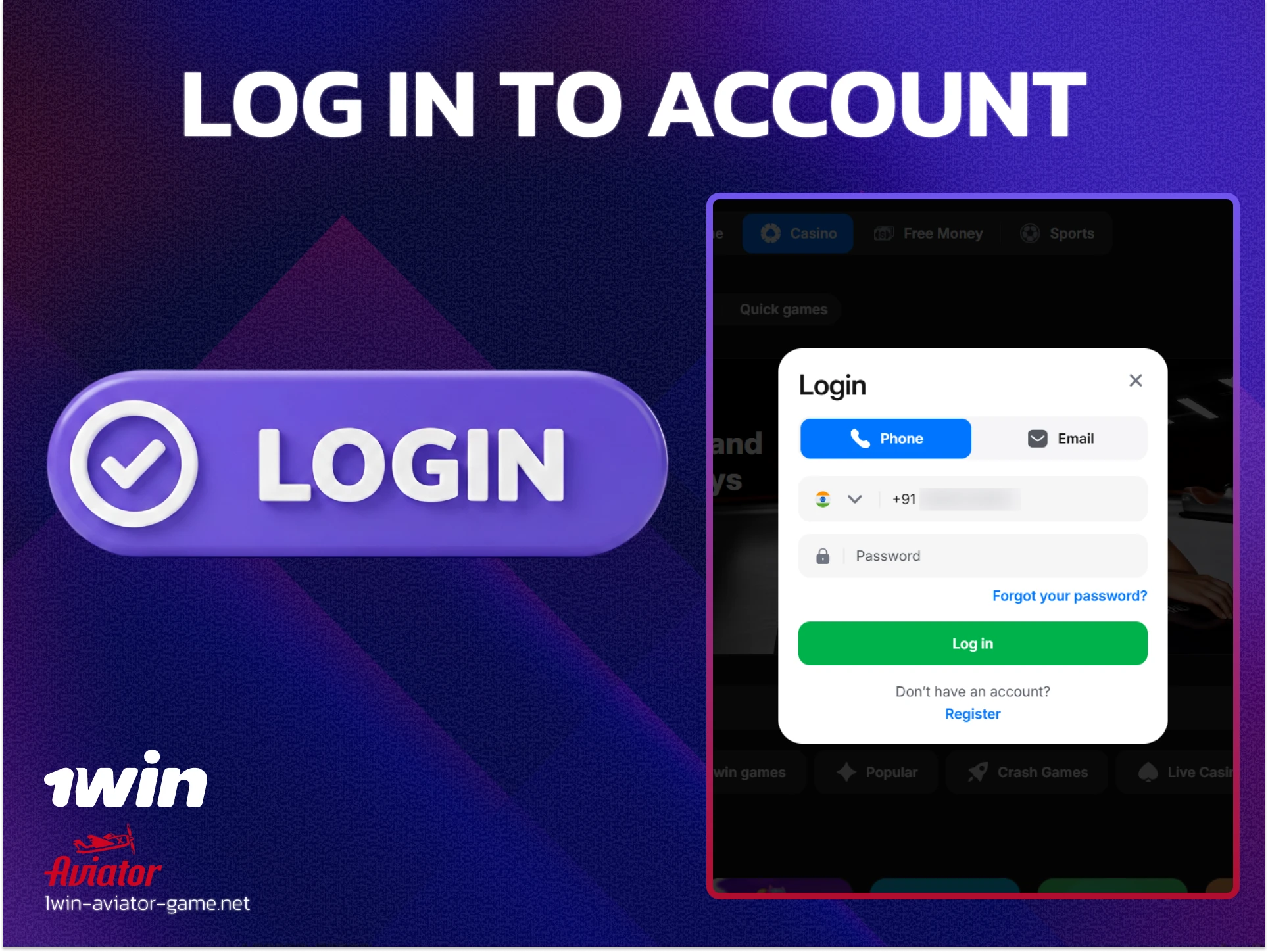 1win Aviator login screen with secure access via email, phone, or Telegram.