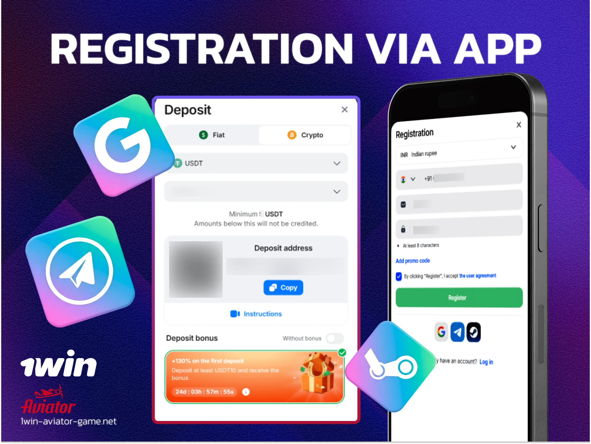 Quick registration process on 1win mobile app with one-click and social sign-up options.