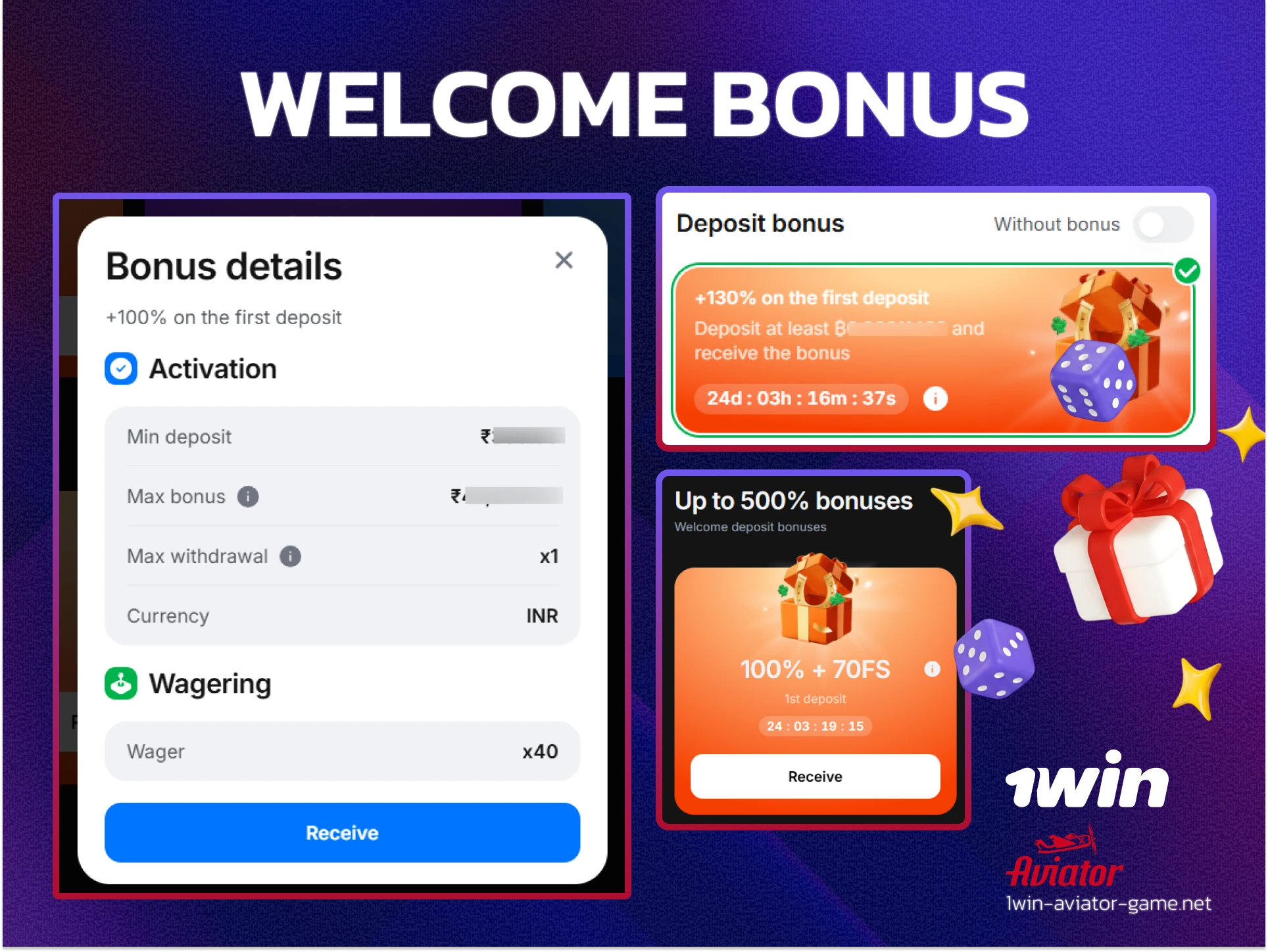 Graphic of 1win 500% welcome bonus package for the first 4 deposits up to 80,400 INR.