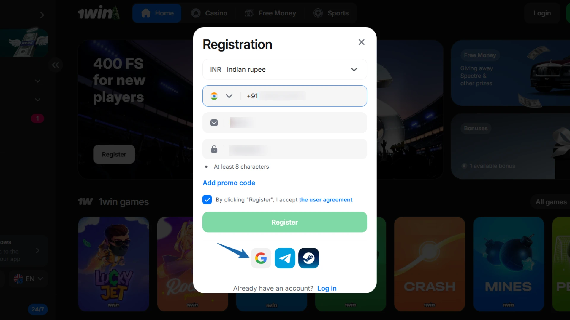 Quick 1win registration options using Telegram, Google, or other social networks.