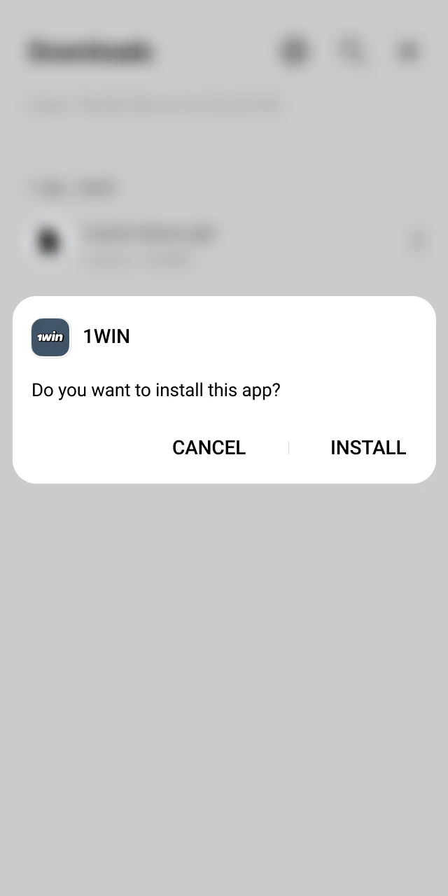Clicking the install button to complete the 1win app setup on an Android device.