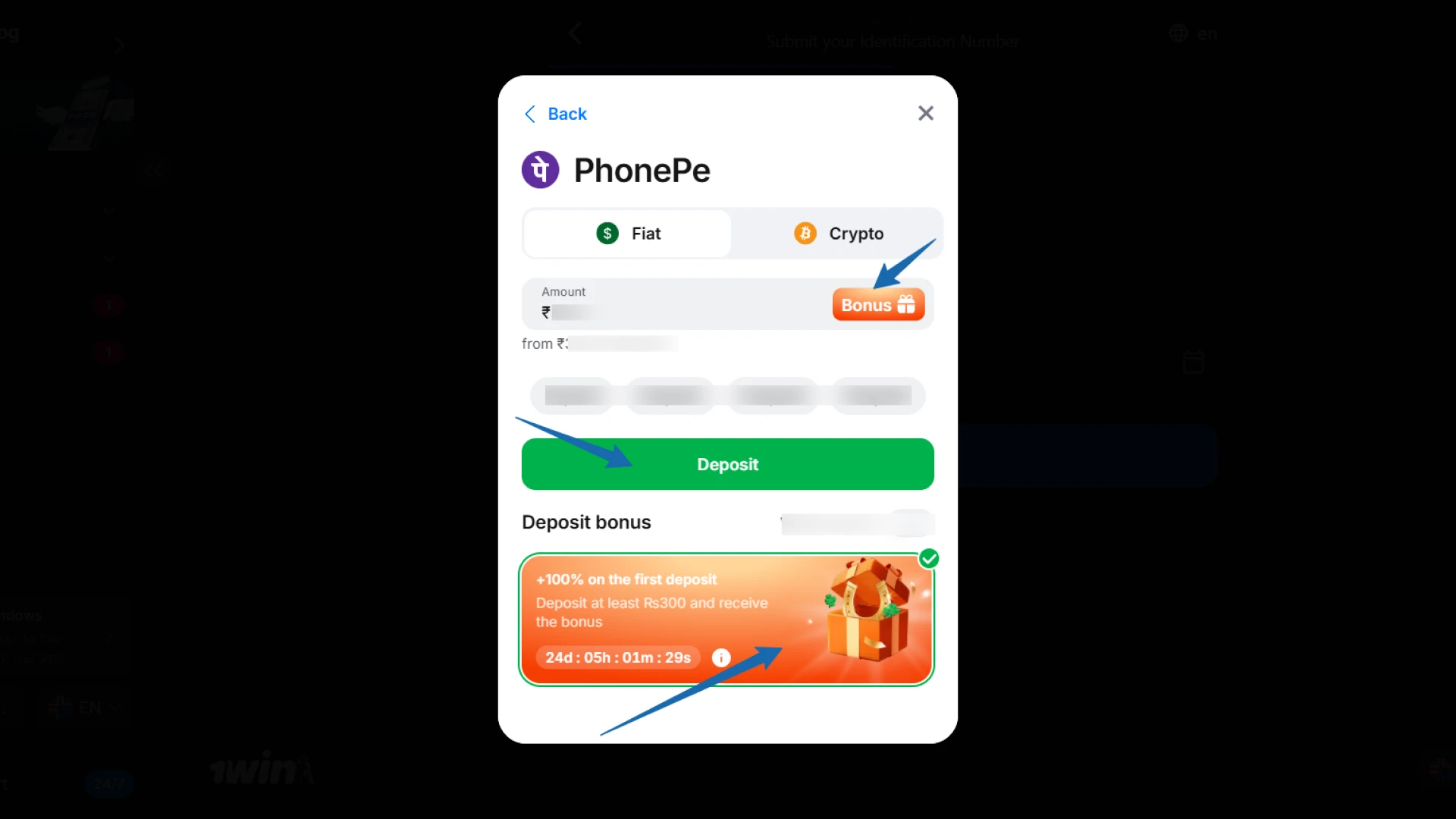1win dashboard showing the bonus account credited with up to 80,400 INR for new players.