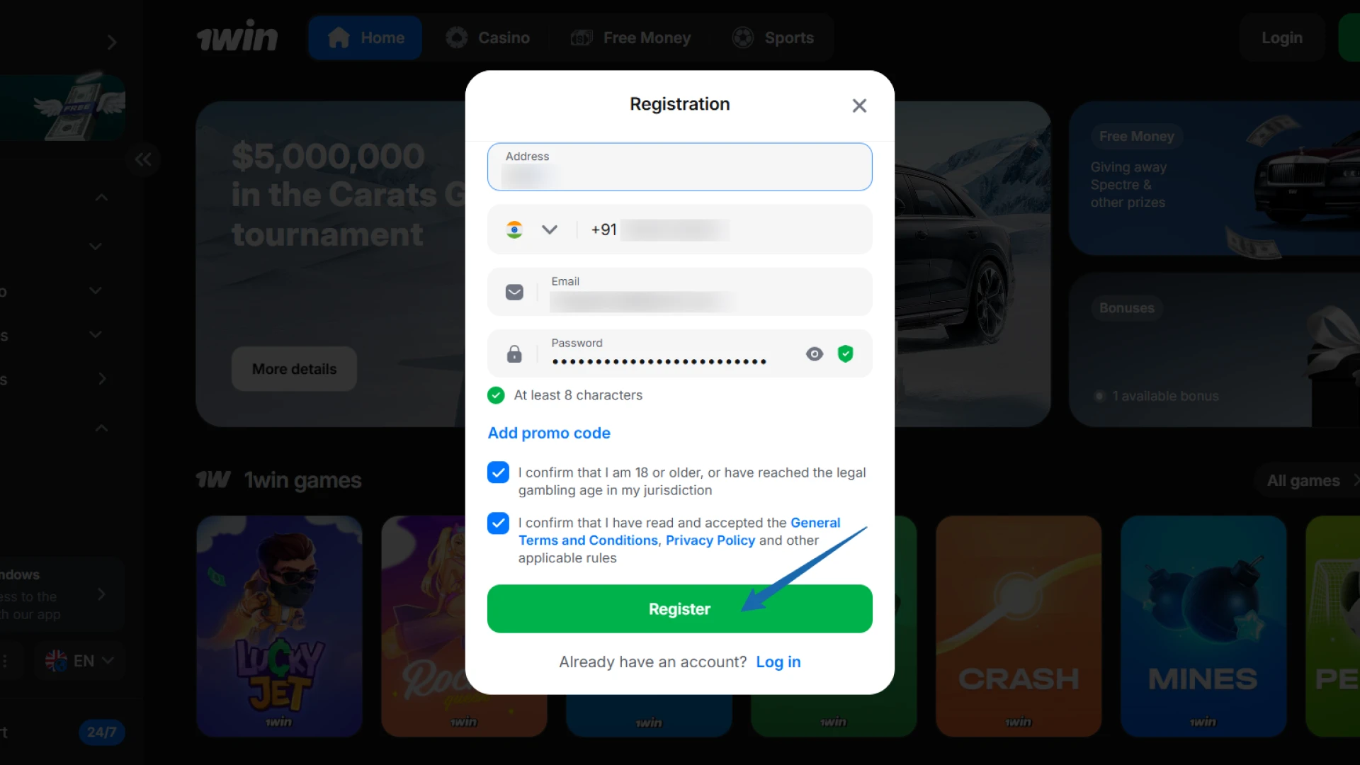 Completing 1win sign-up with a promo code to activate the 500% welcome offer.