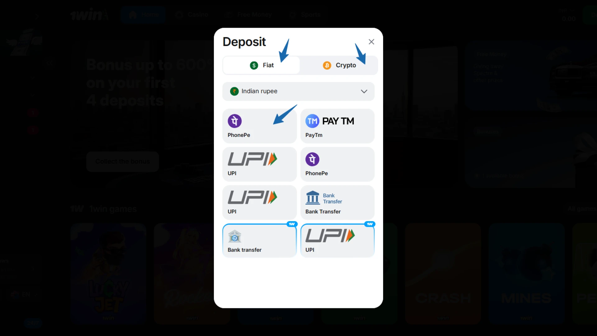 Selecting from Indian payment options like UPI, PhonePe, and Paytm on 1win.