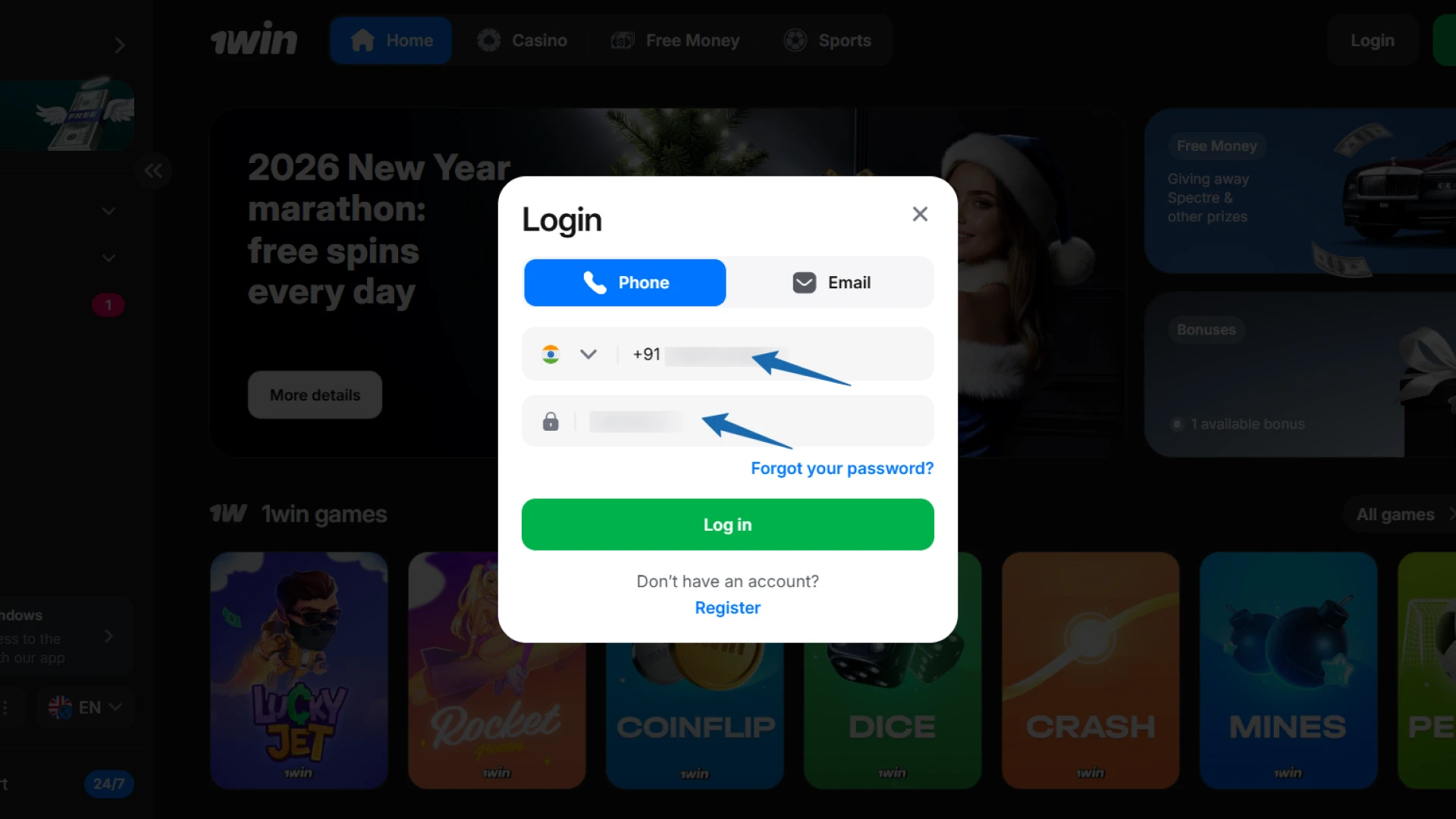 Accessing the 1win India homepage to sign in or create a new player profile.