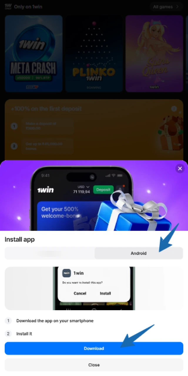 Check the smartphone notification bar to monitor the progress of the 1win apk file download.