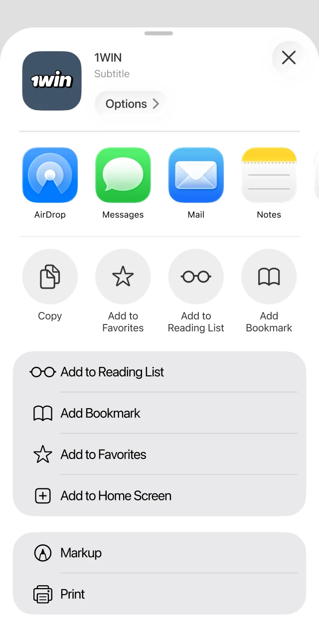 Selecting the Add to Home Screen option from the iOS menu for the 1win shortcut.