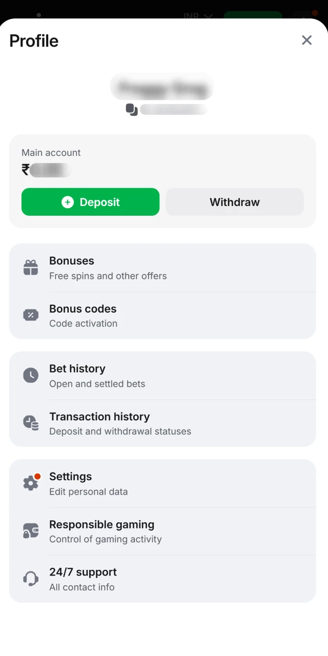 Logging into the 1win India mobile app using existing player credentials.
