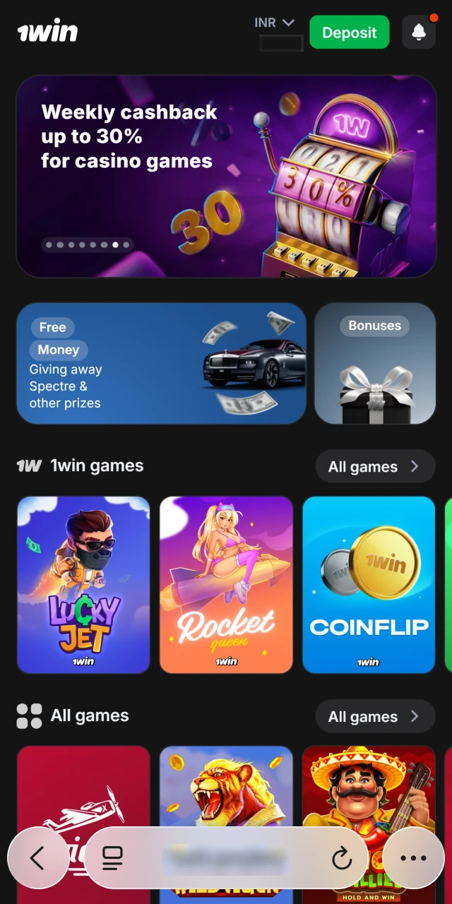 Accessing the official 1win India website through the Safari browser on an iPhone.