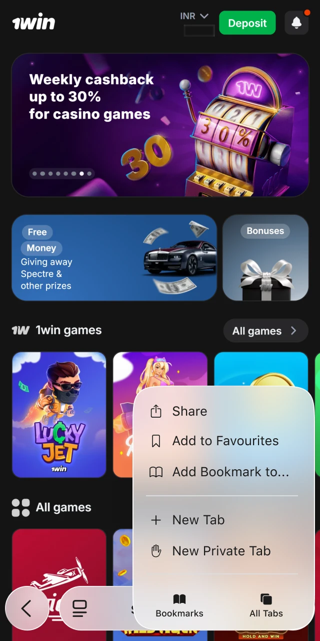 Locating the iOS share icon in Safari to begin 1win app installation.