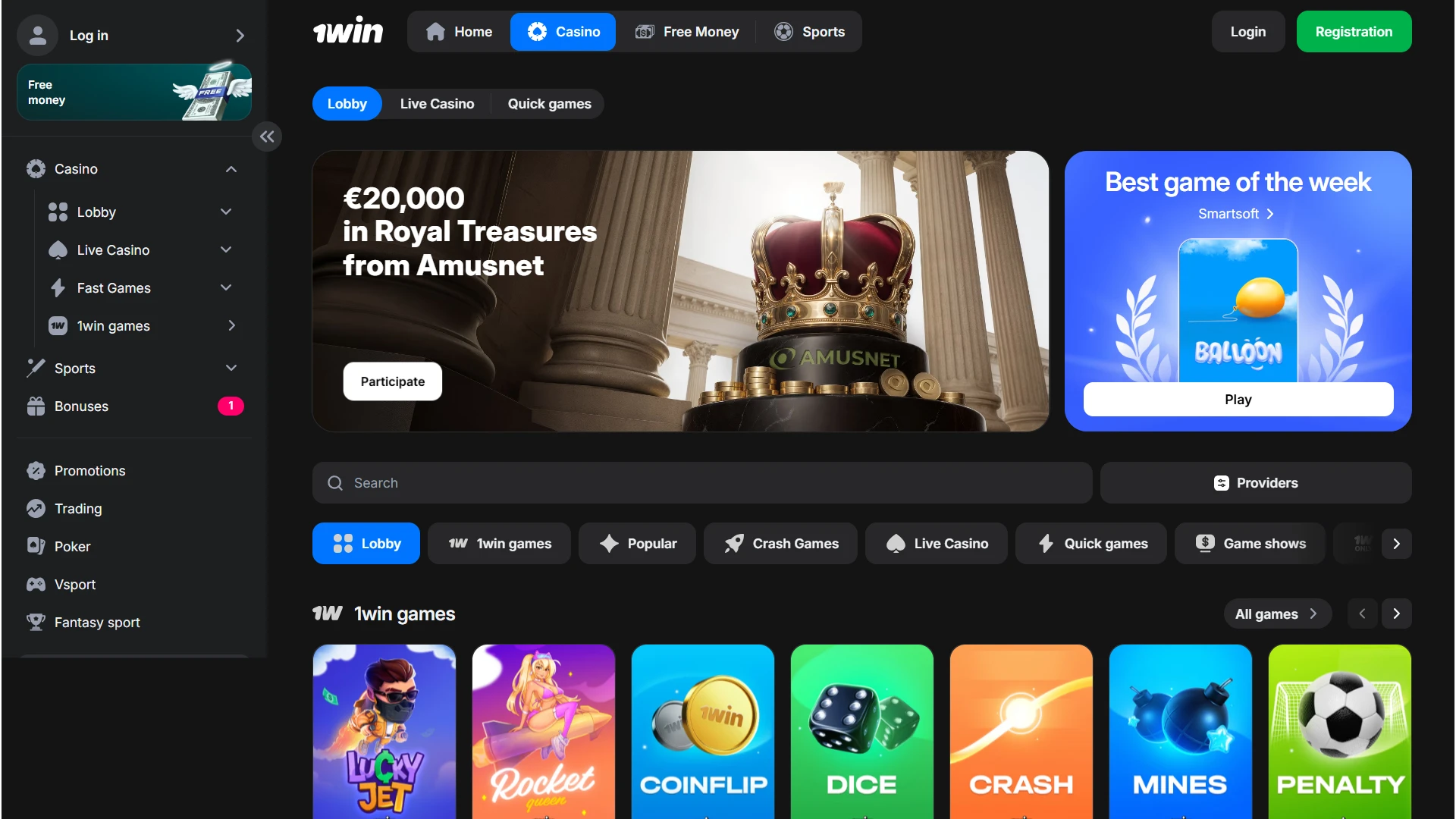 1win India online casino interface featuring popular slots and live dealer games.