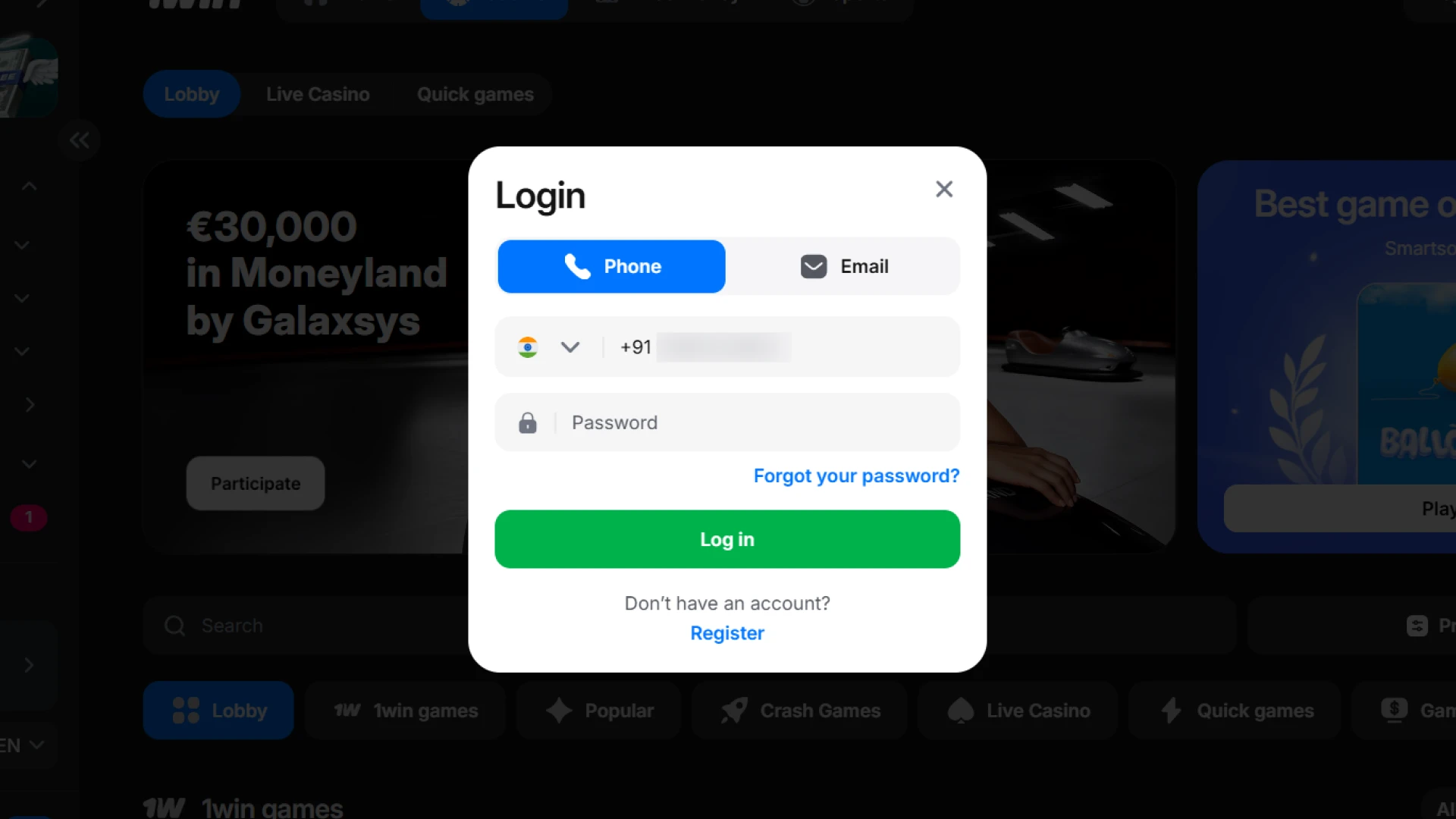 1win India login page for existing users to access betting and casino accounts.