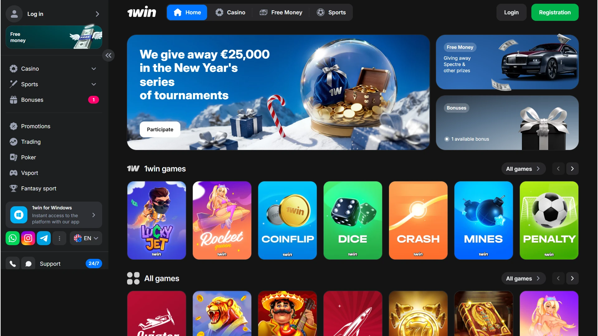 Main page of 1win India official website with latest promotions and top sports events.