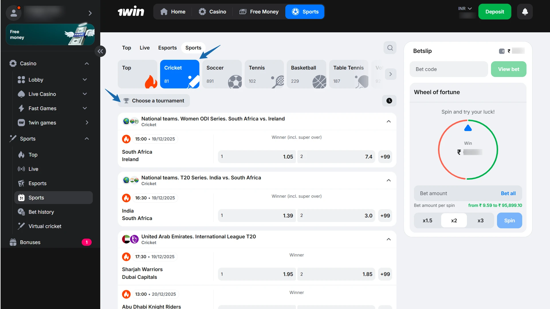 Selecting a cricket match or online casino game from the 1win India betting lobby.