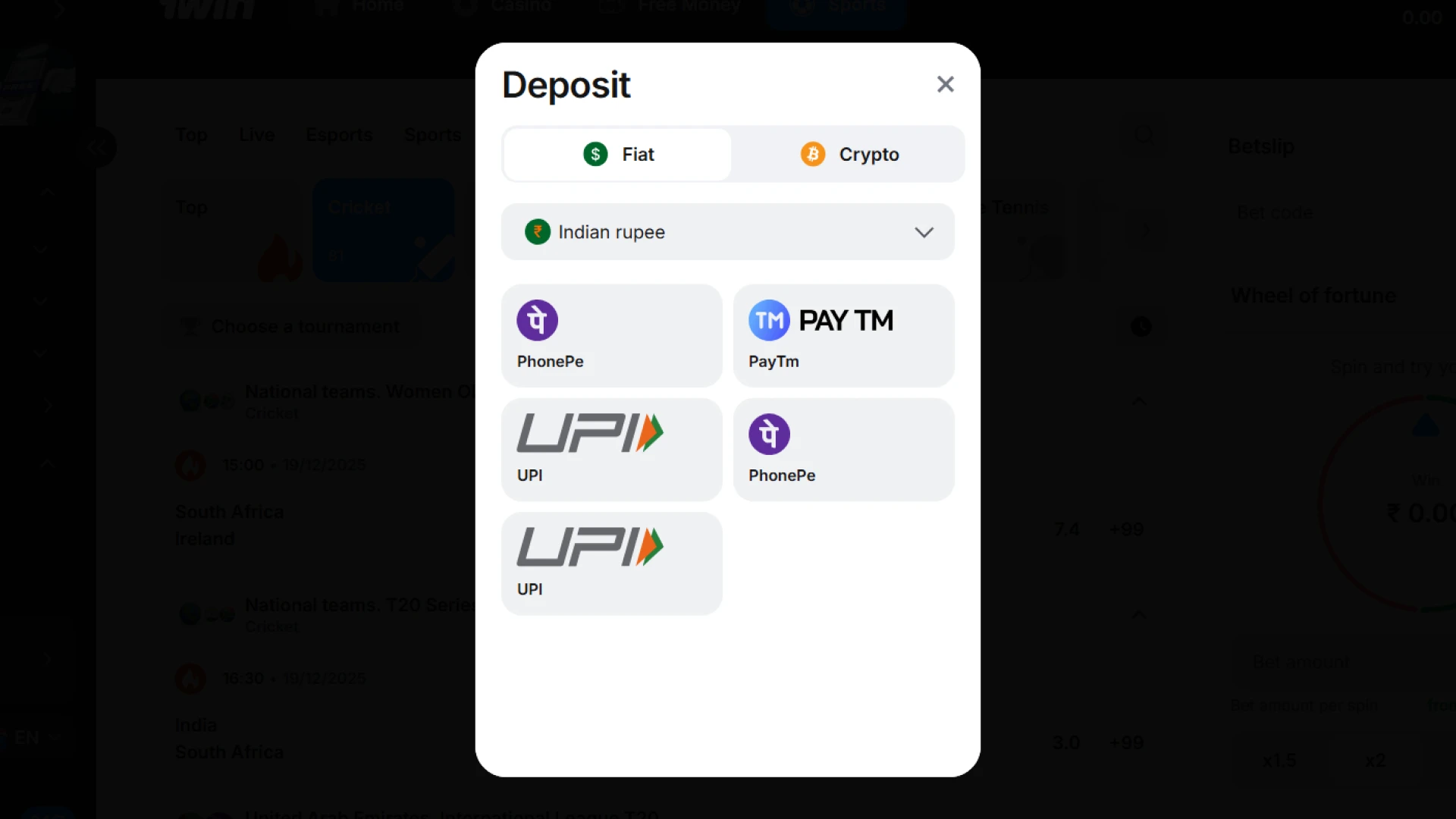 Adding INR to 1win India account using popular payment methods like UPI or PhonePe.