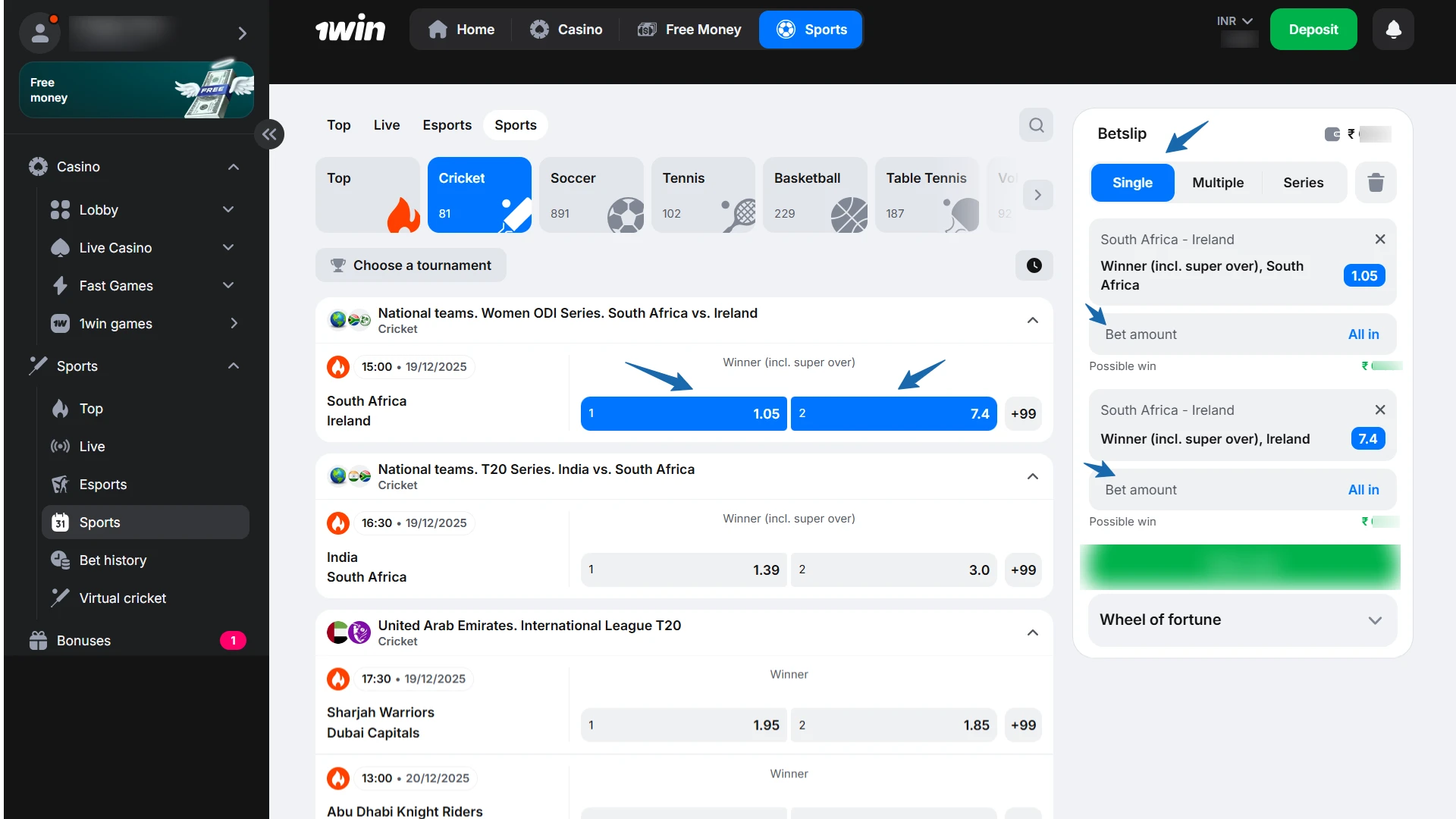 Setting the bet amount in the 1win bet slip for a selected event.