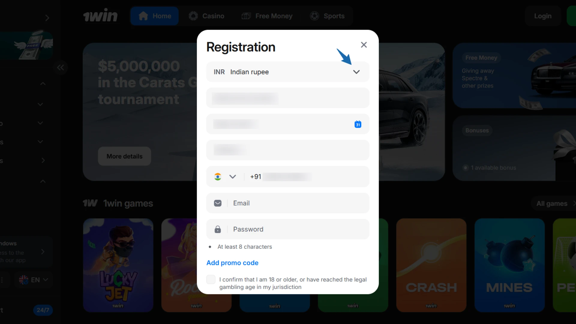 Selecting Indian Rupee (INR) as the primary currency during 1win account setup.