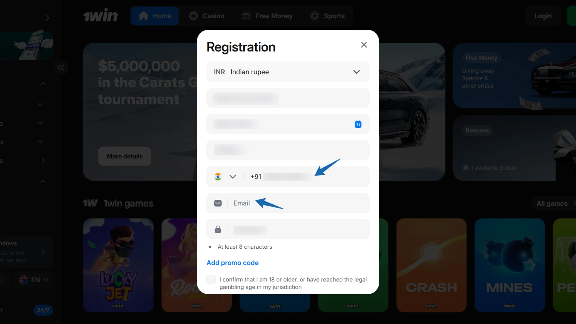 Inputting contact details for 1win India quick registration process.