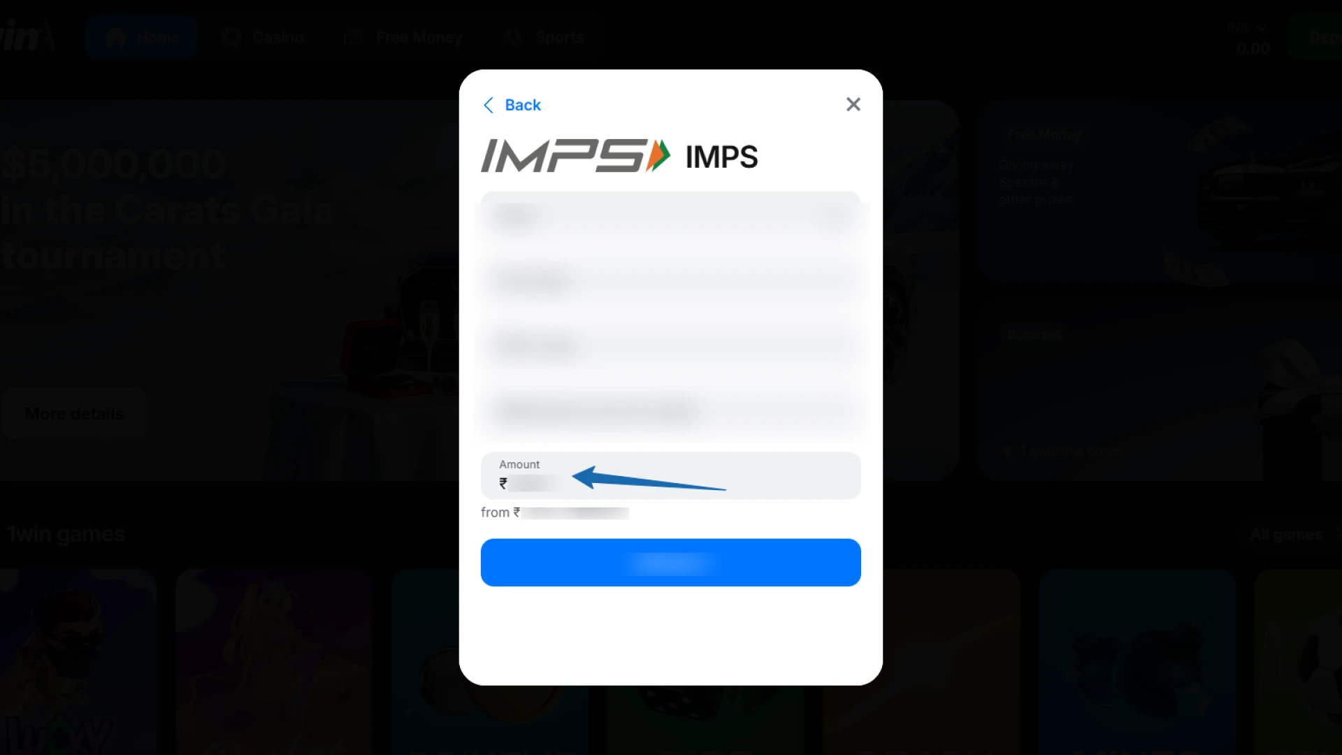 Specifying the withdrawal amount in INR within the 1win mobile cashier.
