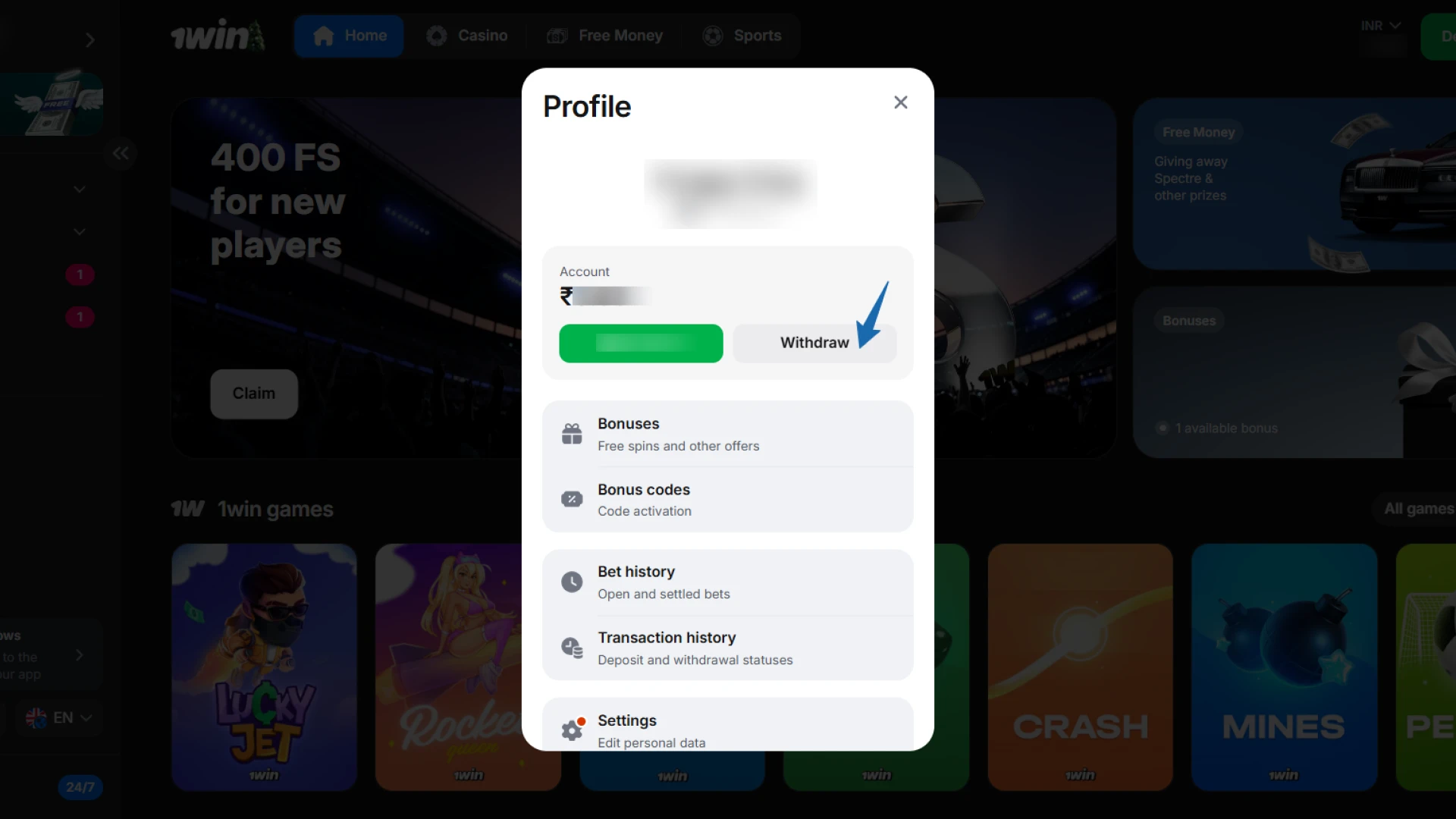 Locating the Withdraw Money button in the 1win app navigation menu.